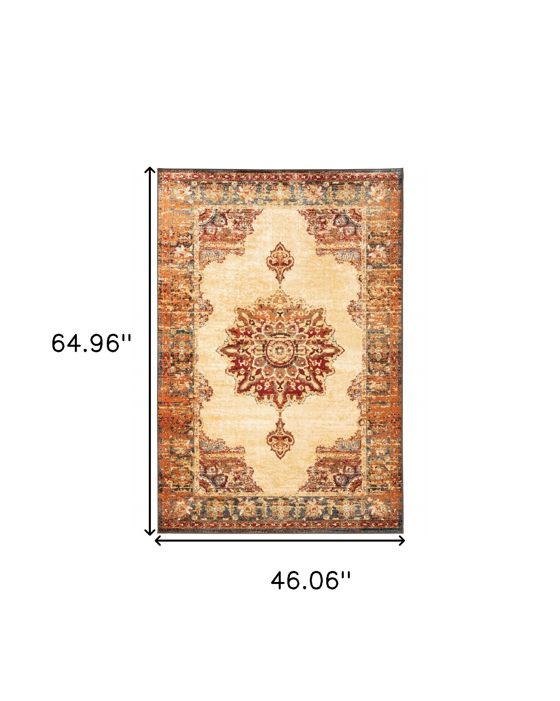 5’ X 7’ Gold And Orage Floral Medallionarea Rug