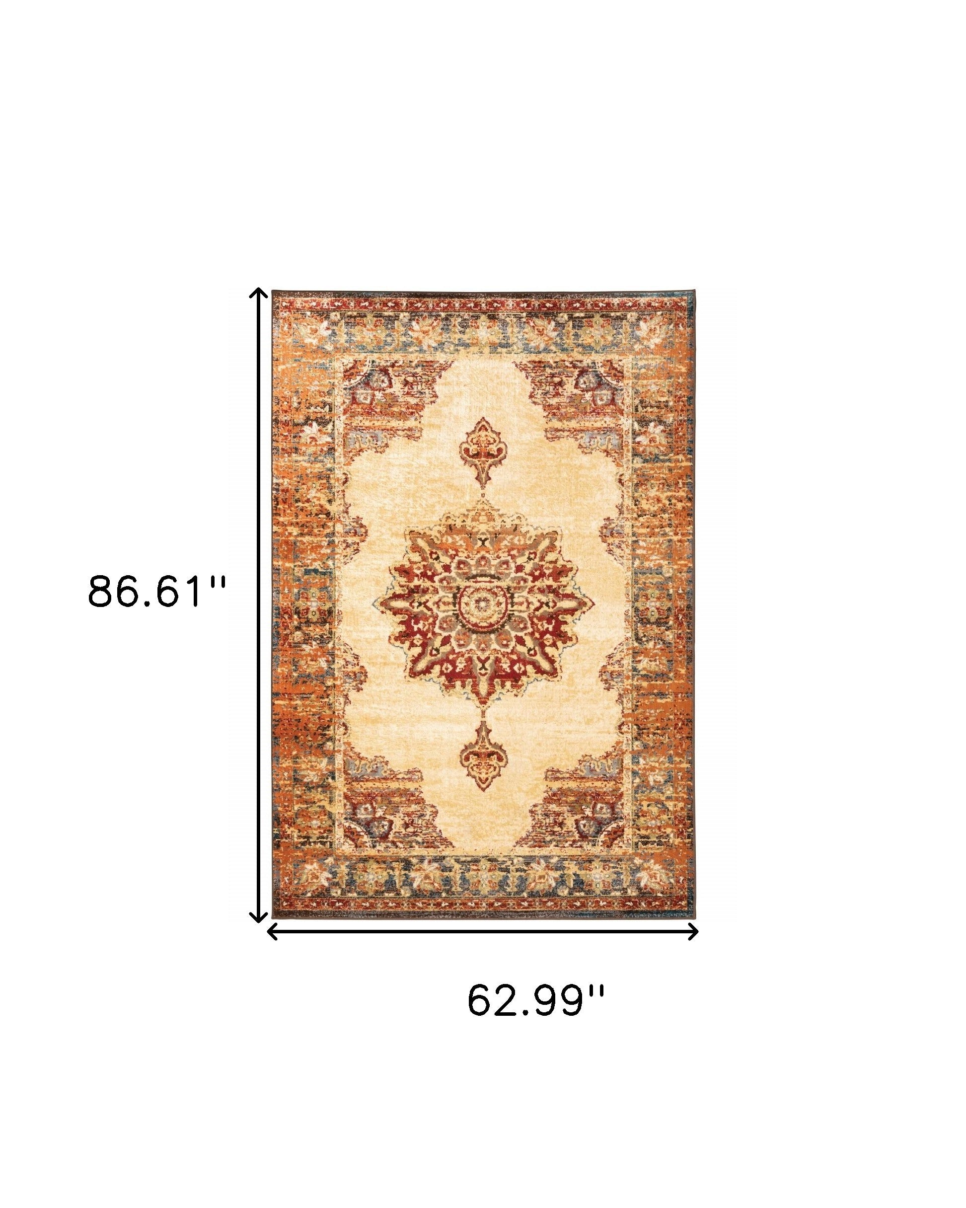 5’ X 7’ Gold And Orage Floral Medallionarea Rug