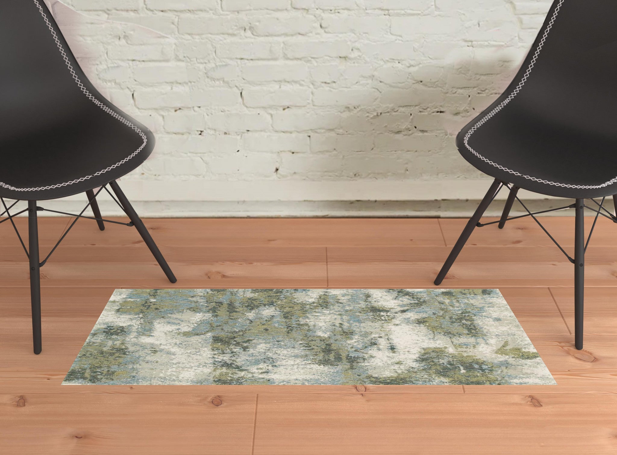 2’ X 8’ Blue And Sage Distressed Waves Indoor Runner Rug