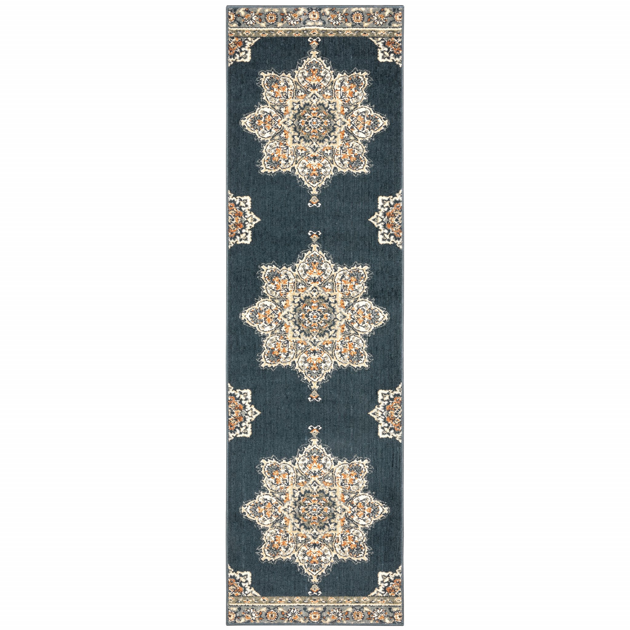 2’ X 7’ Blue And Beige Floral Medallion Indoor Runner Rug