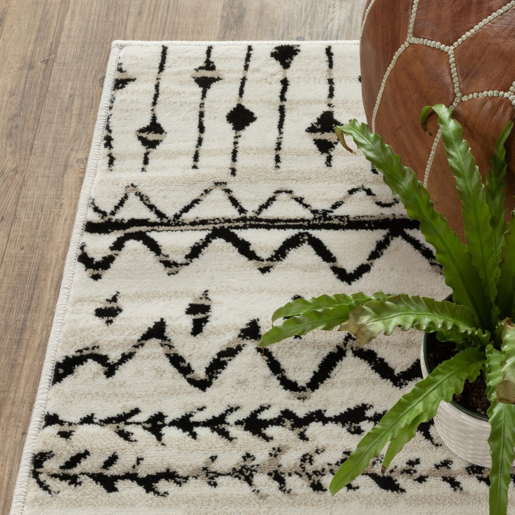 2’ X 8’ Ivory And Black Eclectic Patterns Indoor Runner Rug