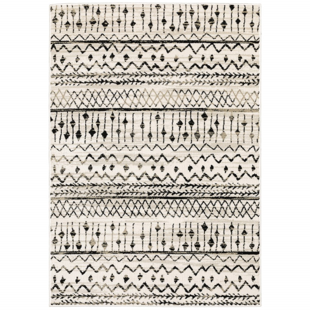 2’ X 8’ Ivory And Black Eclectic Patterns Indoor Runner Rug