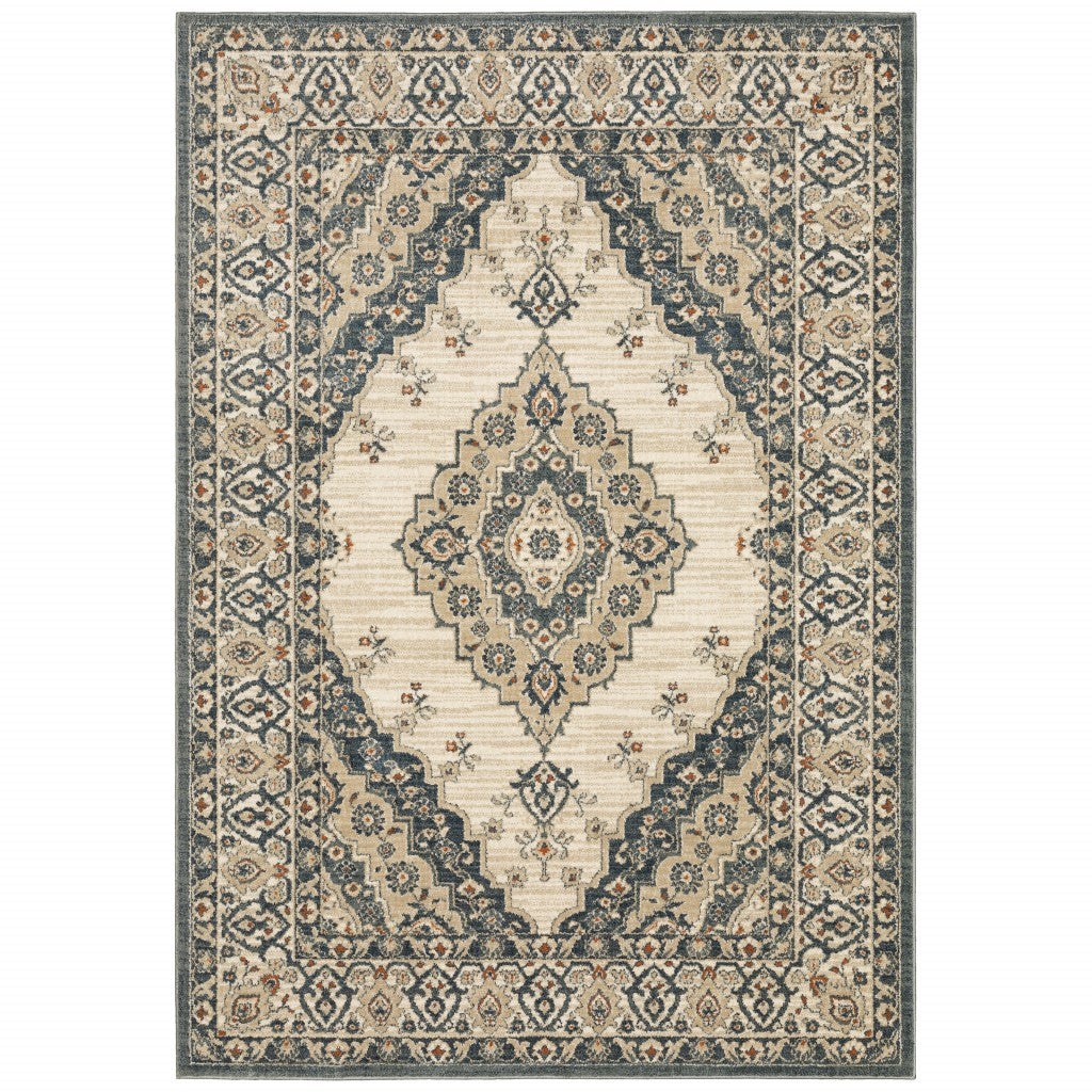 10’ X 13’ Vintage Beige And Blue Indoor Area Rug