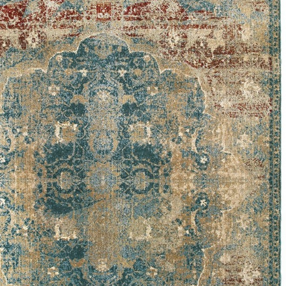 2’ X 8’ Sand And Blue Distressed Indoor Runner Rug