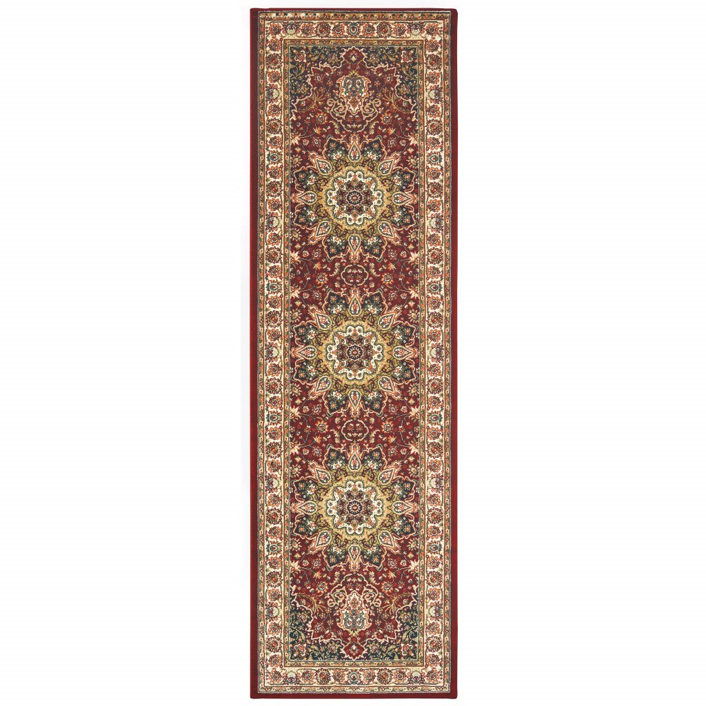 8' Red Ivory Machine Woven Oriental Indoor Runner Rug