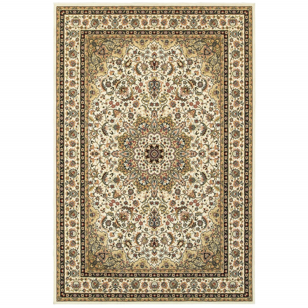 7' X 10' Ivory Beige Machine Woven Oriental Indoor Area Rug