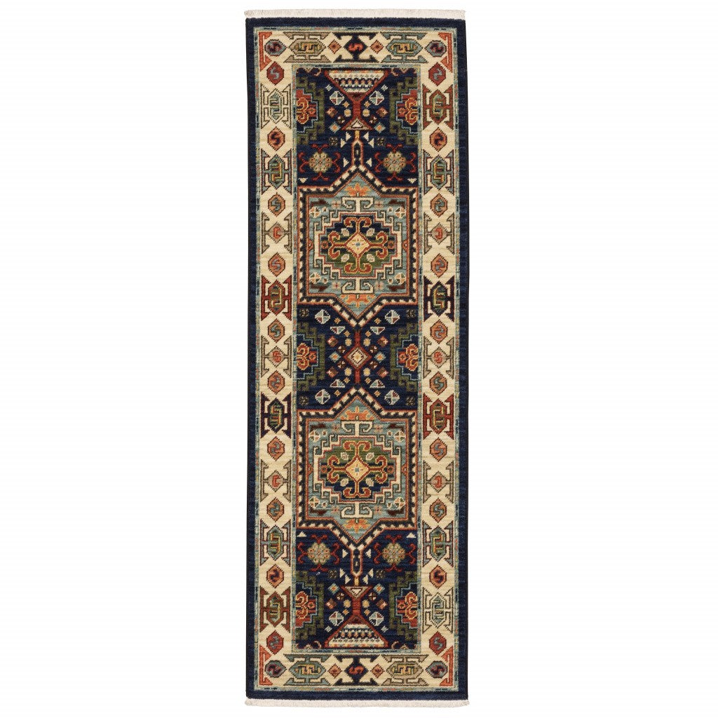 2' X 3' Blue Ivory Machine Woven Medallion Indoor Area Rug