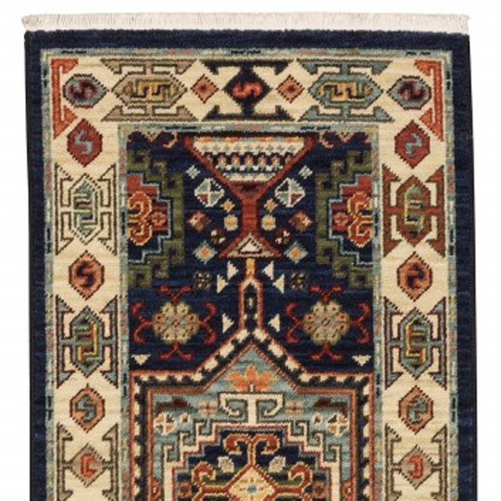 2' X 3' Blue Ivory Machine Woven Medallion Indoor Area Rug