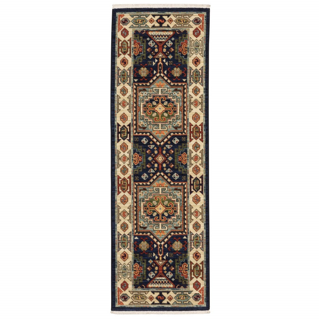 7' X 10' Blue Ivory Machine Woven Medallion Indoor Area Rug