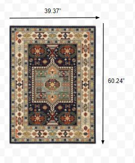 7' X 10' Blue Ivory Machine Woven Medallion Indoor Area Rug