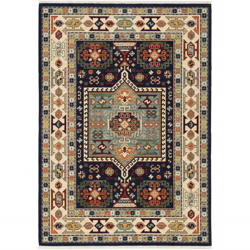 2' X 3' Blue Ivory Machine Woven Medallion Indoor Area Rug