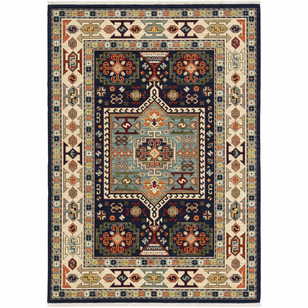 7' X 10' Blue Ivory Machine Woven Medallion Indoor Area Rug