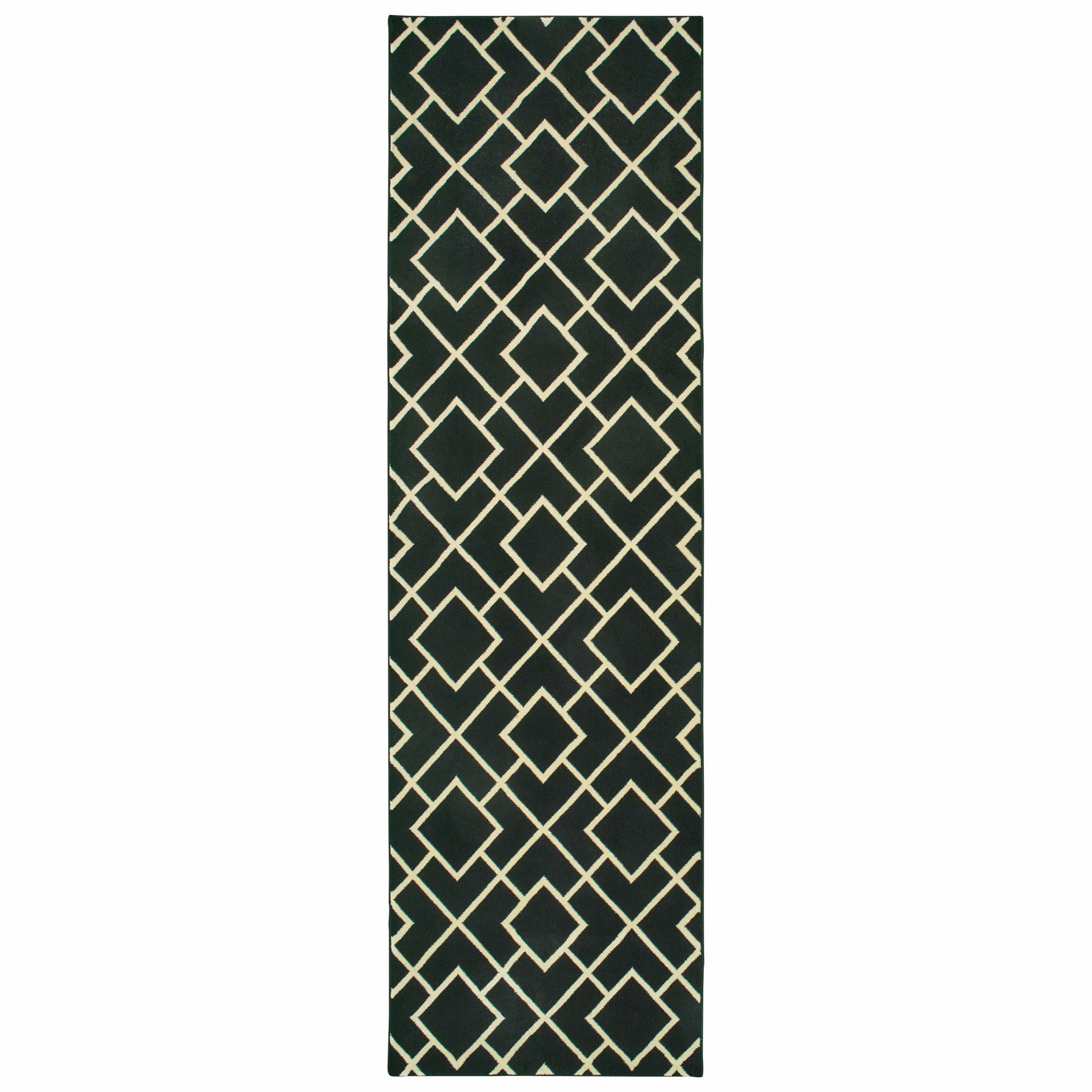 8' Black Ivory Machine Woven Geometric Diamonds Indoor Runner Rug