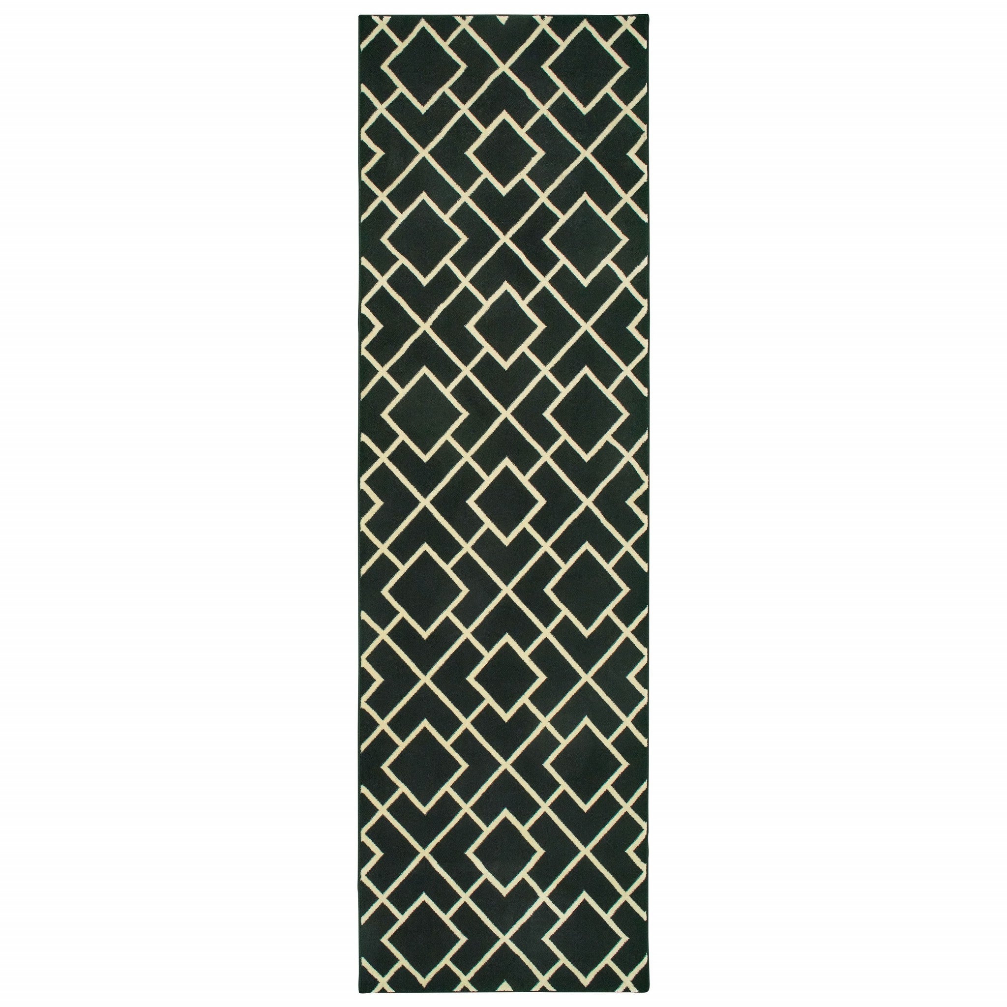 8' Black Ivory Machine Woven Geometric Diamonds Indoor Runner Rug