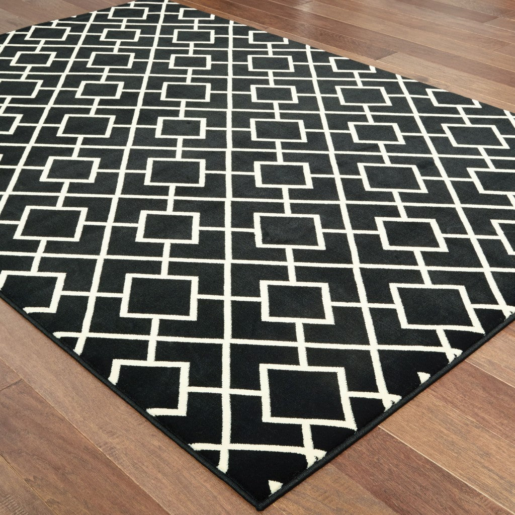 8' Black Ivory Machine Woven Geometric Diamonds Indoor Runner Rug