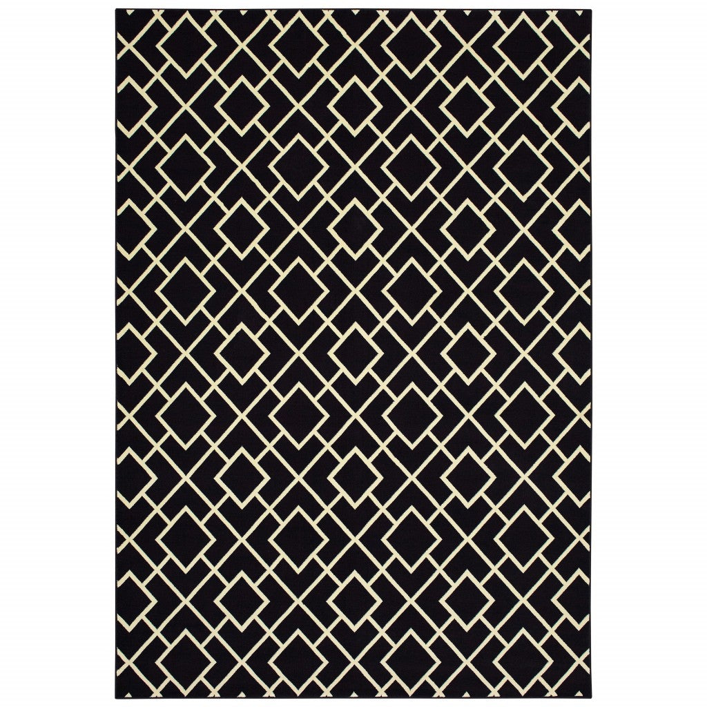 8' Black Ivory Machine Woven Geometric Diamonds Indoor Runner Rug