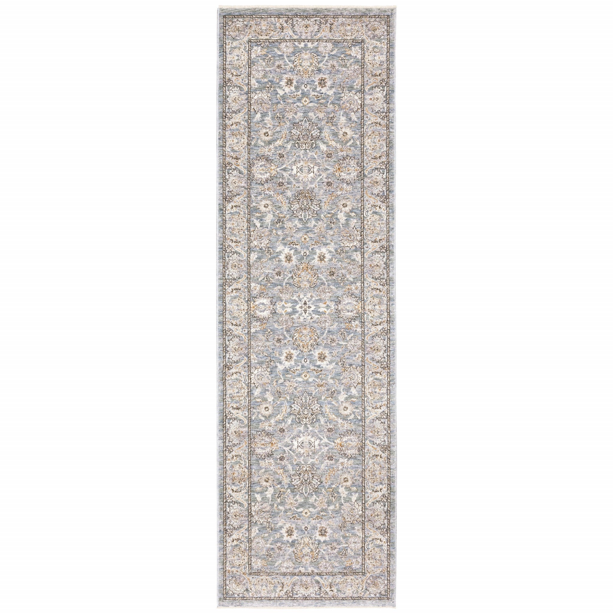 7' X 10' Blue Ivory Machine Woven Floral Oriental Indoor Area Rug