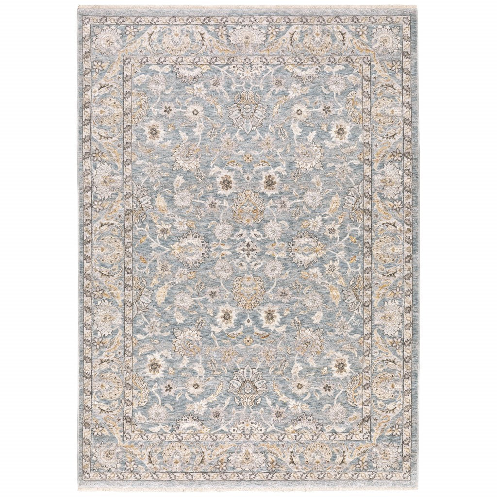 7' X 10' Blue Ivory Machine Woven Floral Oriental Indoor Area Rug