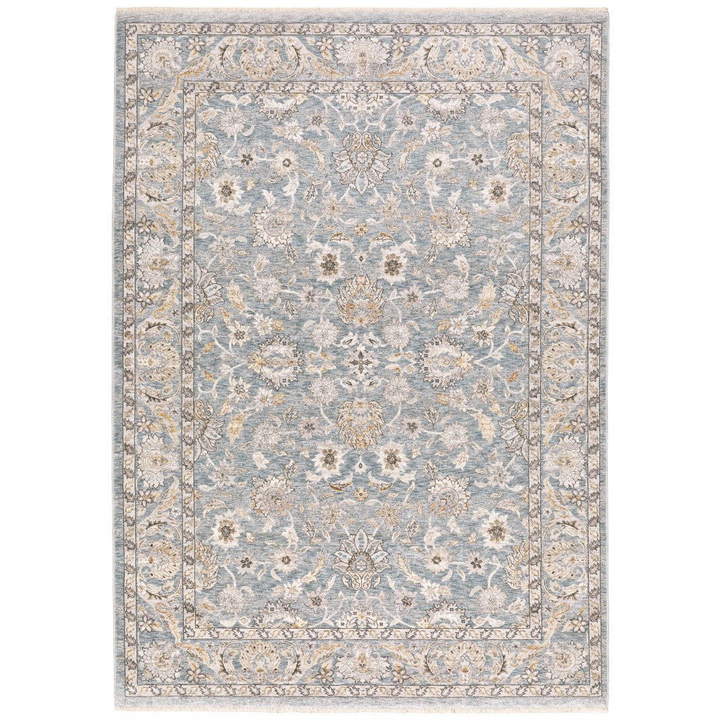 7' X 10' Blue Ivory Machine Woven Floral Oriental Indoor Area Rug