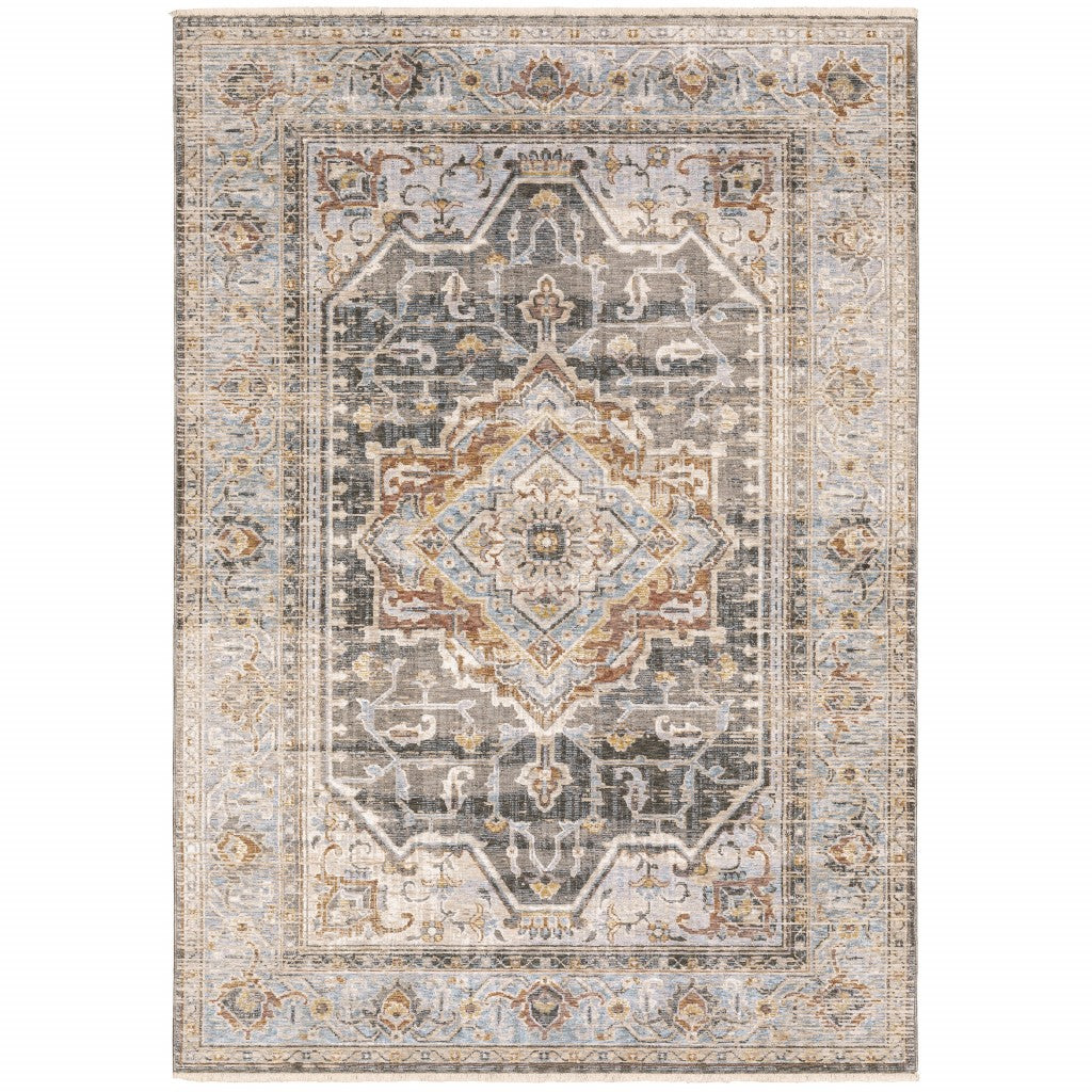 9' X 12' Grey Blue Machine Woven Medallion Indoor Area Rug