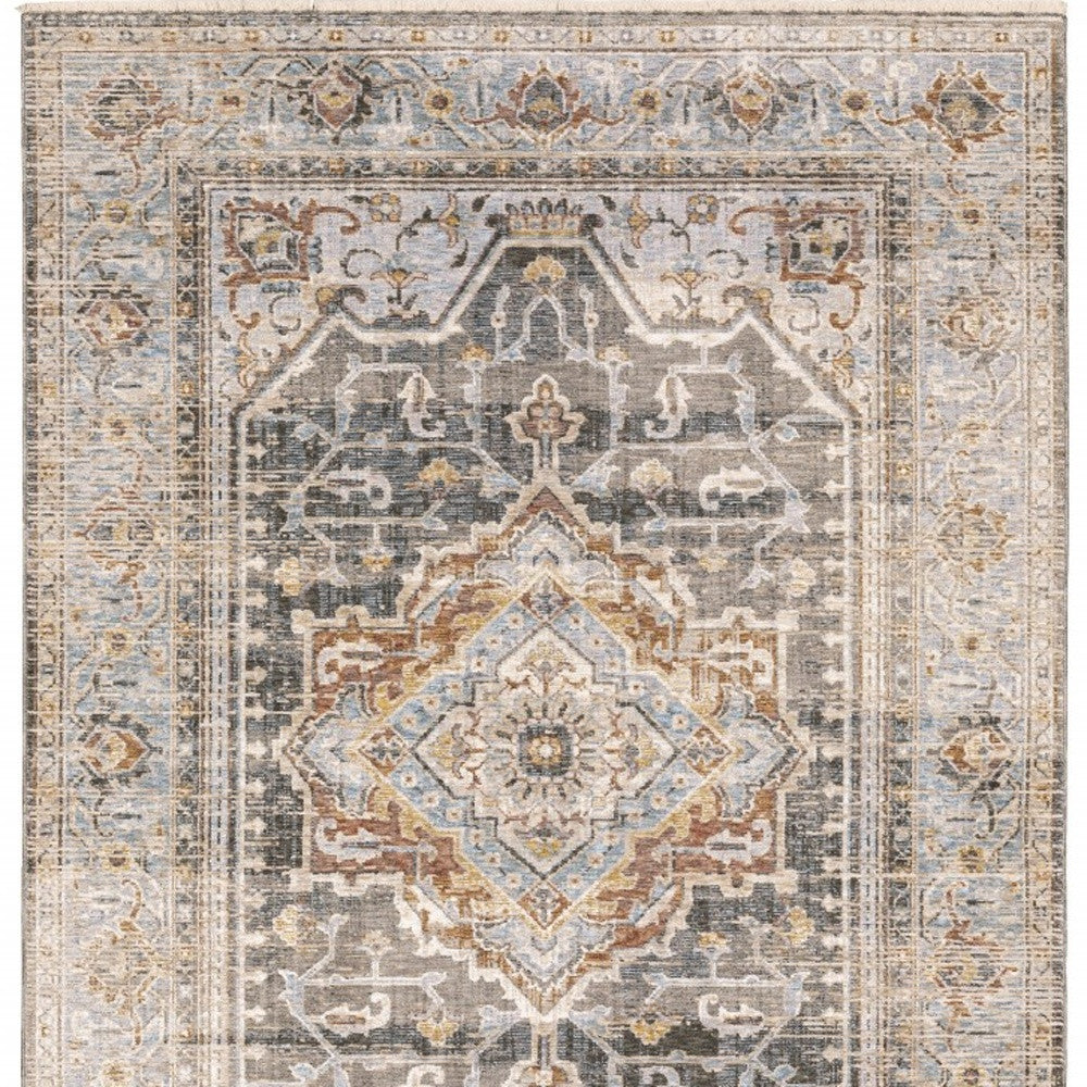 9' X 12' Grey Blue Machine Woven Medallion Indoor Area Rug