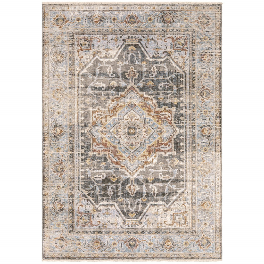 8' Grey Blue Machine Woven Medallion Indoor Runner Rug