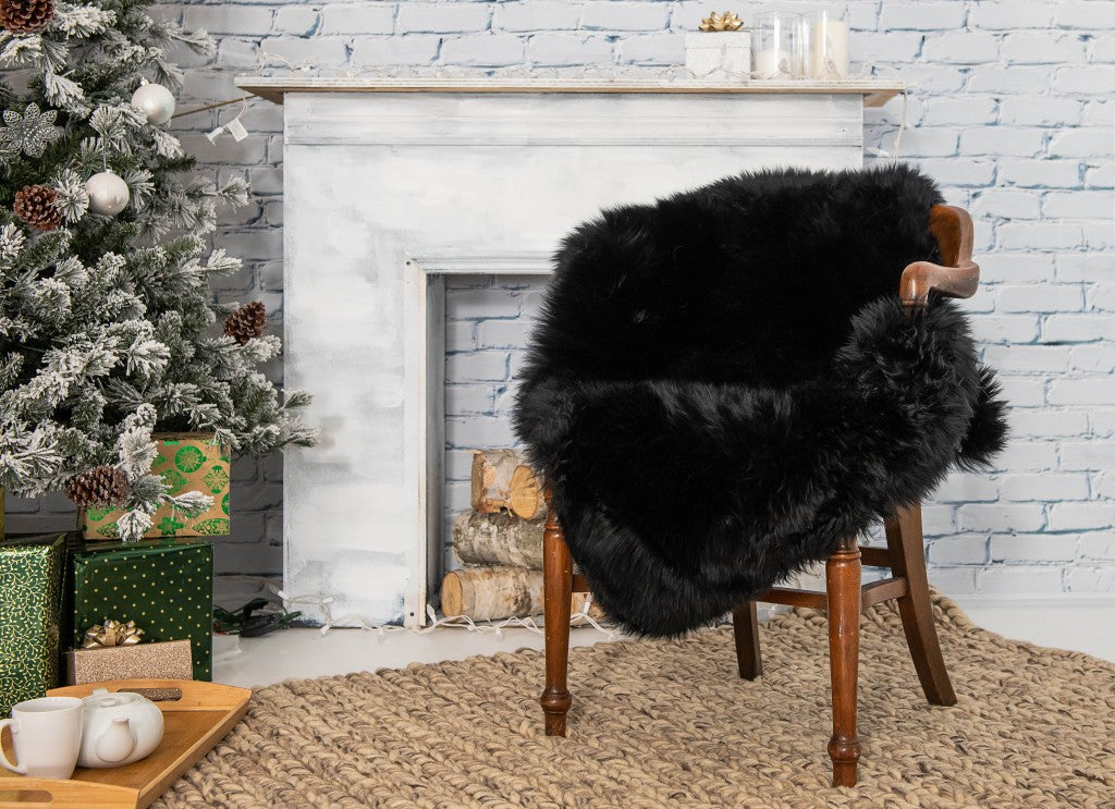 2' X 5' Black Natural Rectangular Sheepskin Area Rug