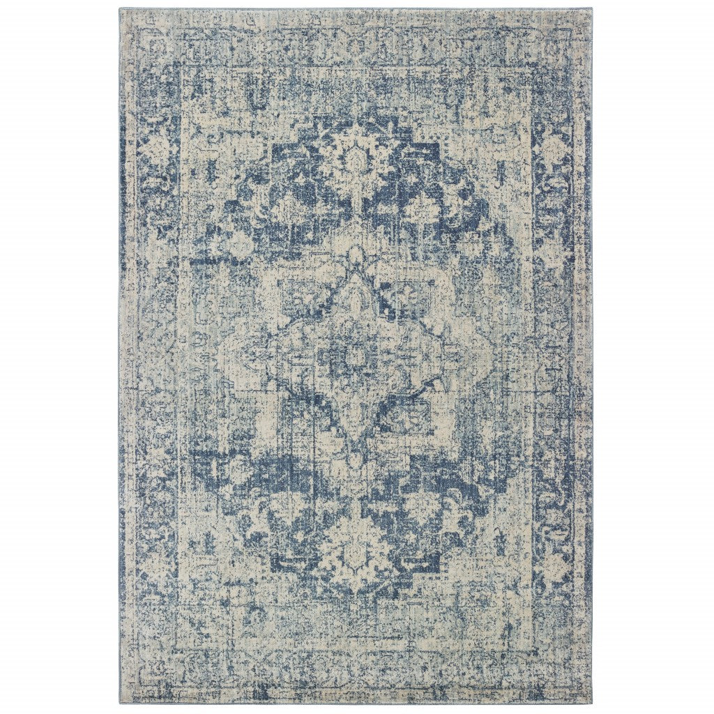 7’X10’ Ivory And Blue Oriental Area Rug