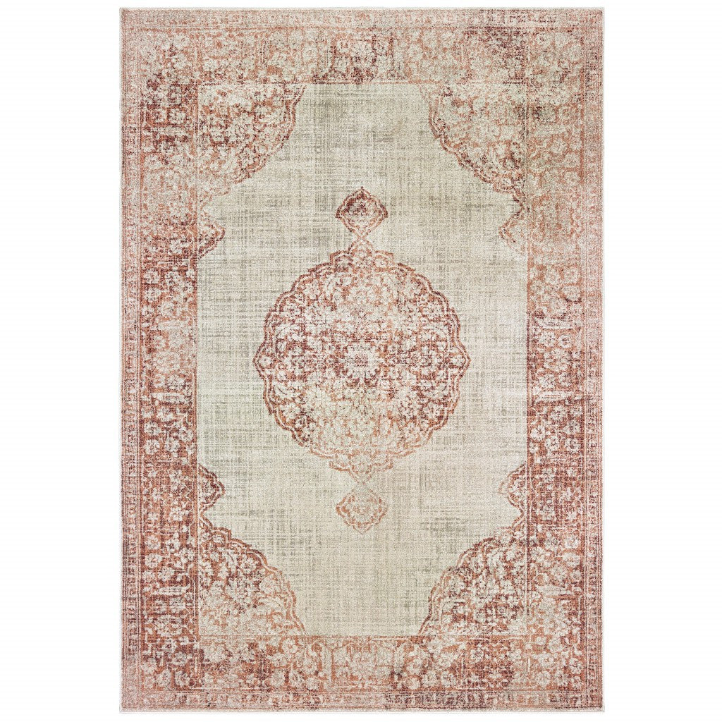 2’X8’ Ivory And Pink Medallion Runner Rug