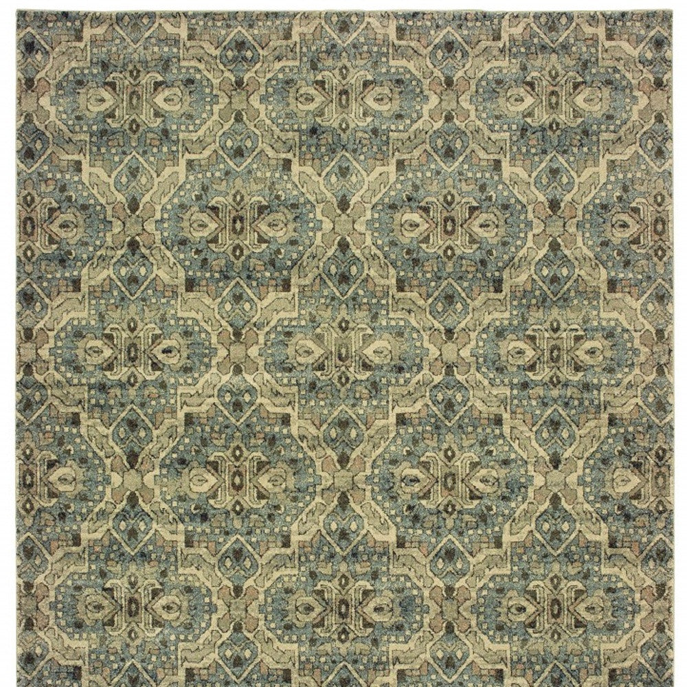 2’X8’ Ivory And Blue Geometric Runner Rug