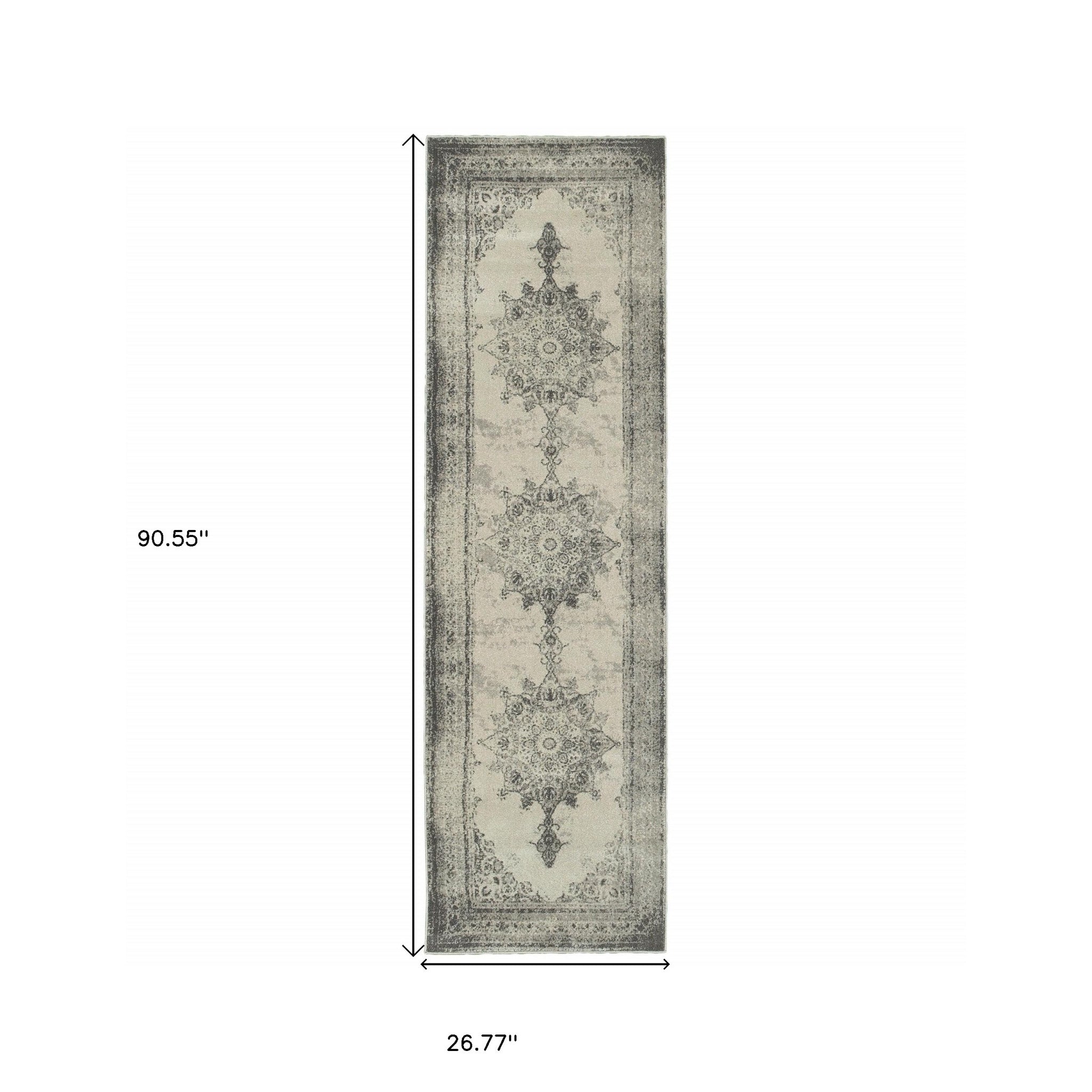 2’X8’ Ivory And Gray Pale Medallion Runner Rug