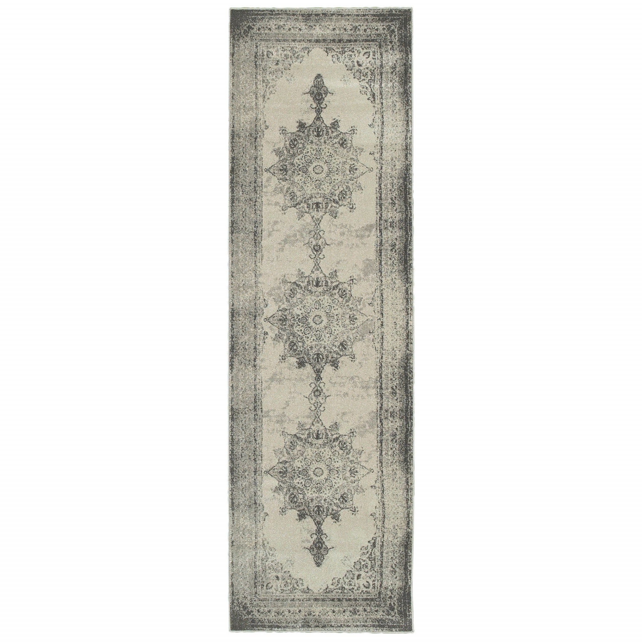 2’X8’ Ivory And Gray Pale Medallion Runner Rug