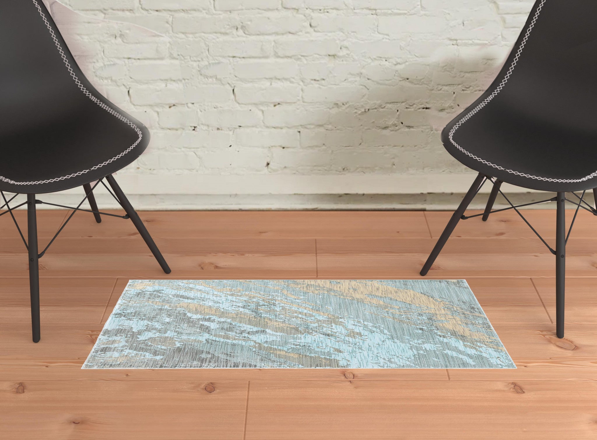 8' Round Blue And Gray Abstract Impasto Area Rug