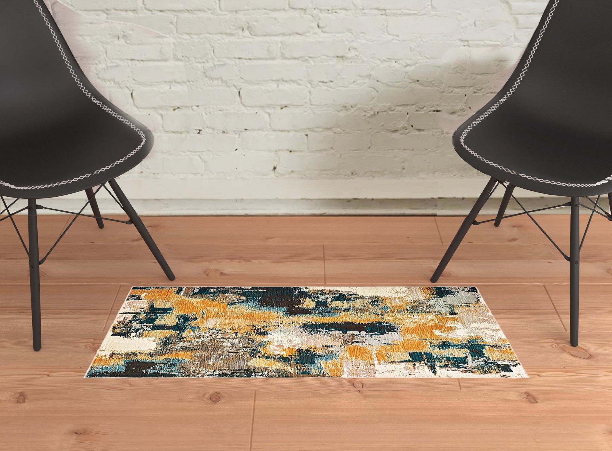 2’X3’ Blue And Gold Abstract Strokes Scatter Rug