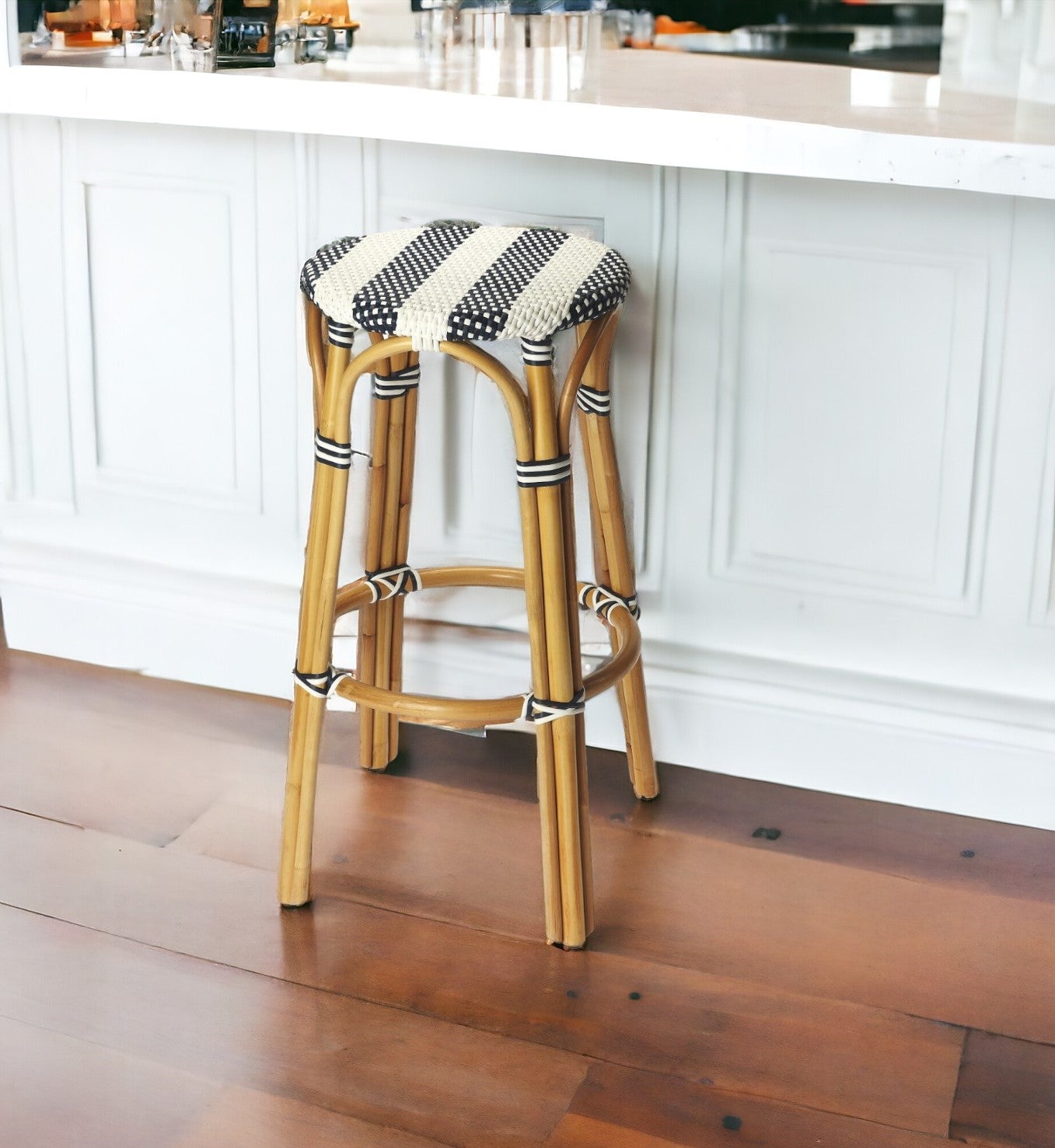 30" Blue And Natural Rattan Backless Counter Height Bar Chair