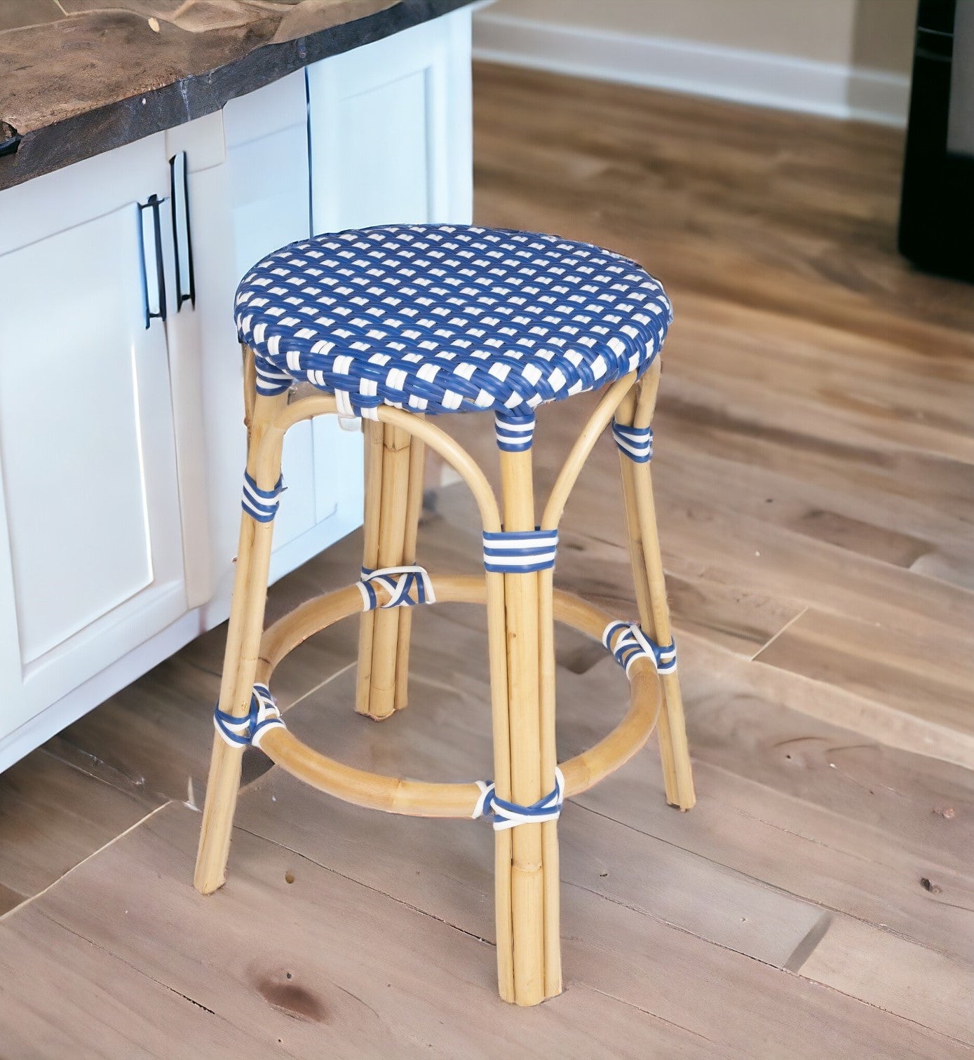 " Blue And Wood Brown Backless Counter Height Bar Chair