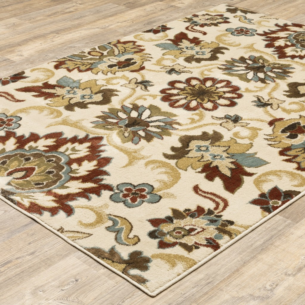 3’X5’ Ivory And Red Floral Vines Area Rug