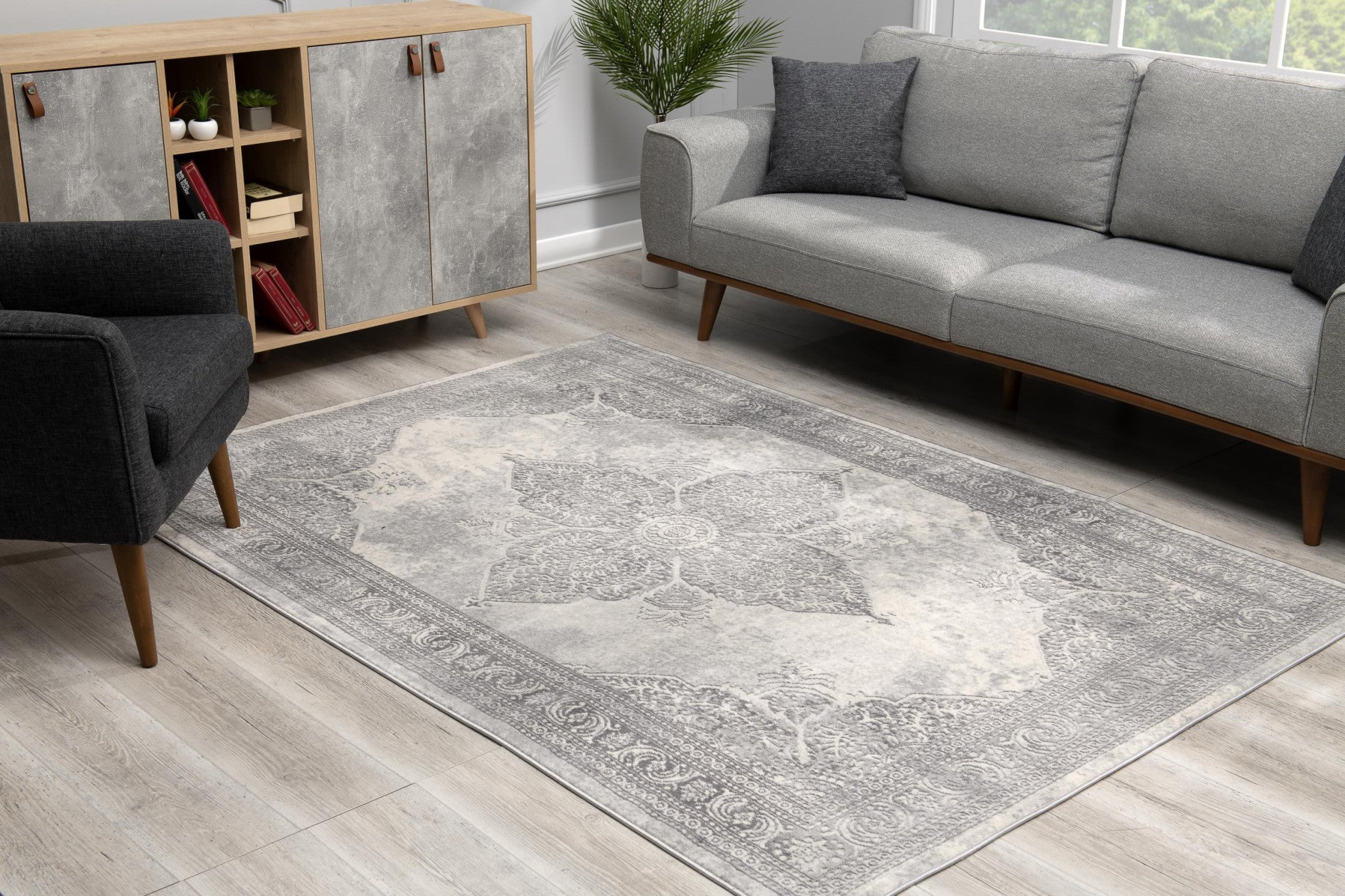 2’ X 10’ Gray Distressed Medallion Runner Rug