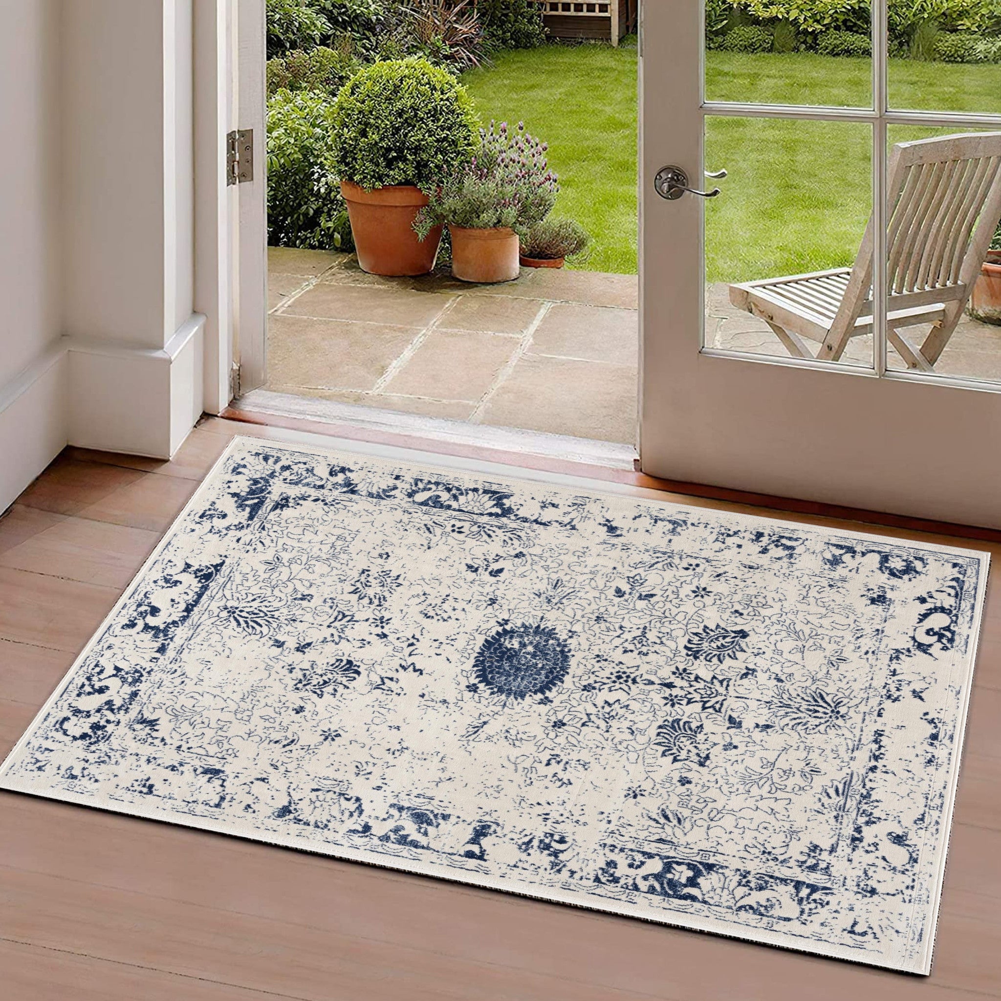 2’ X 3’ Navy Blue Distressed Floral Scatter Rug