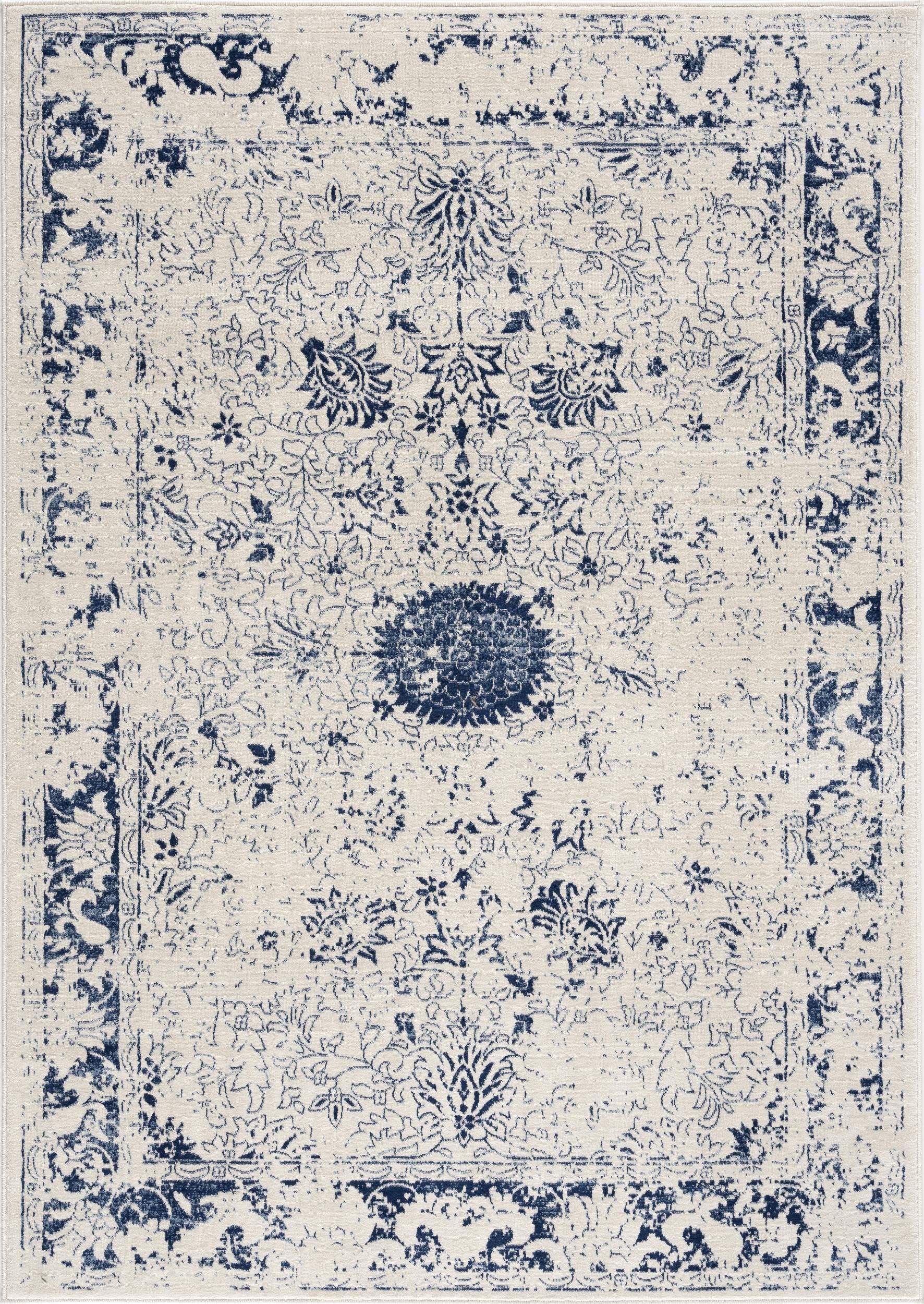 2’ X 3’ Navy Blue Distressed Floral Scatter Rug