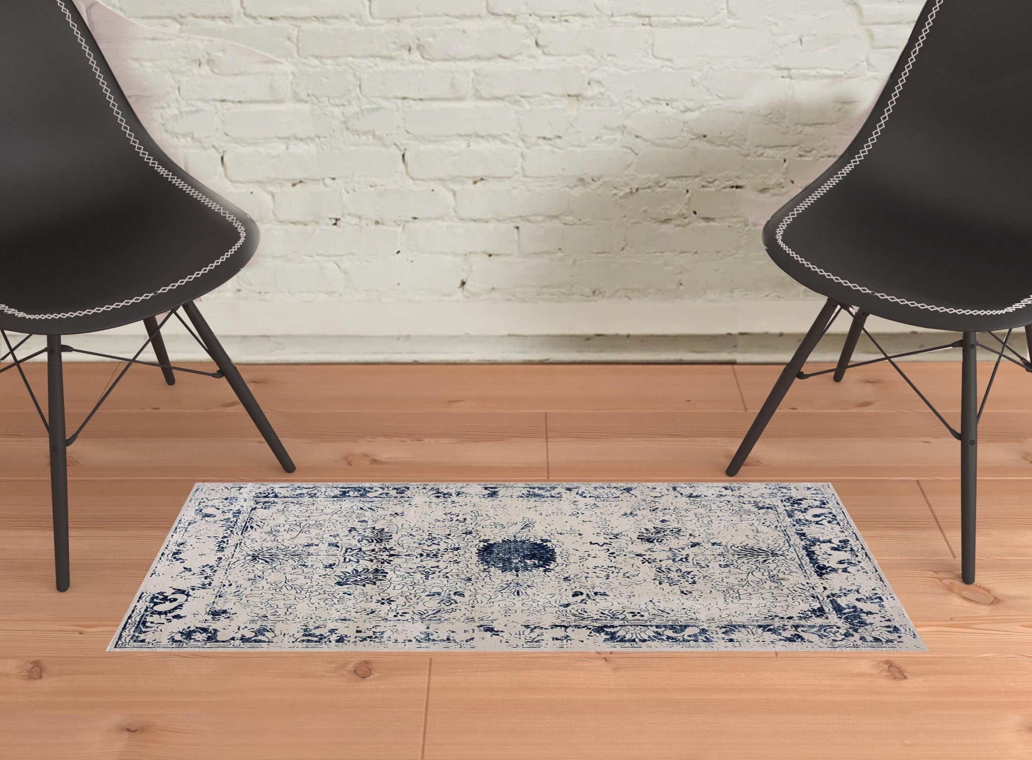 4’ X 6’ Navy Blue Distressed Floral Area Rug