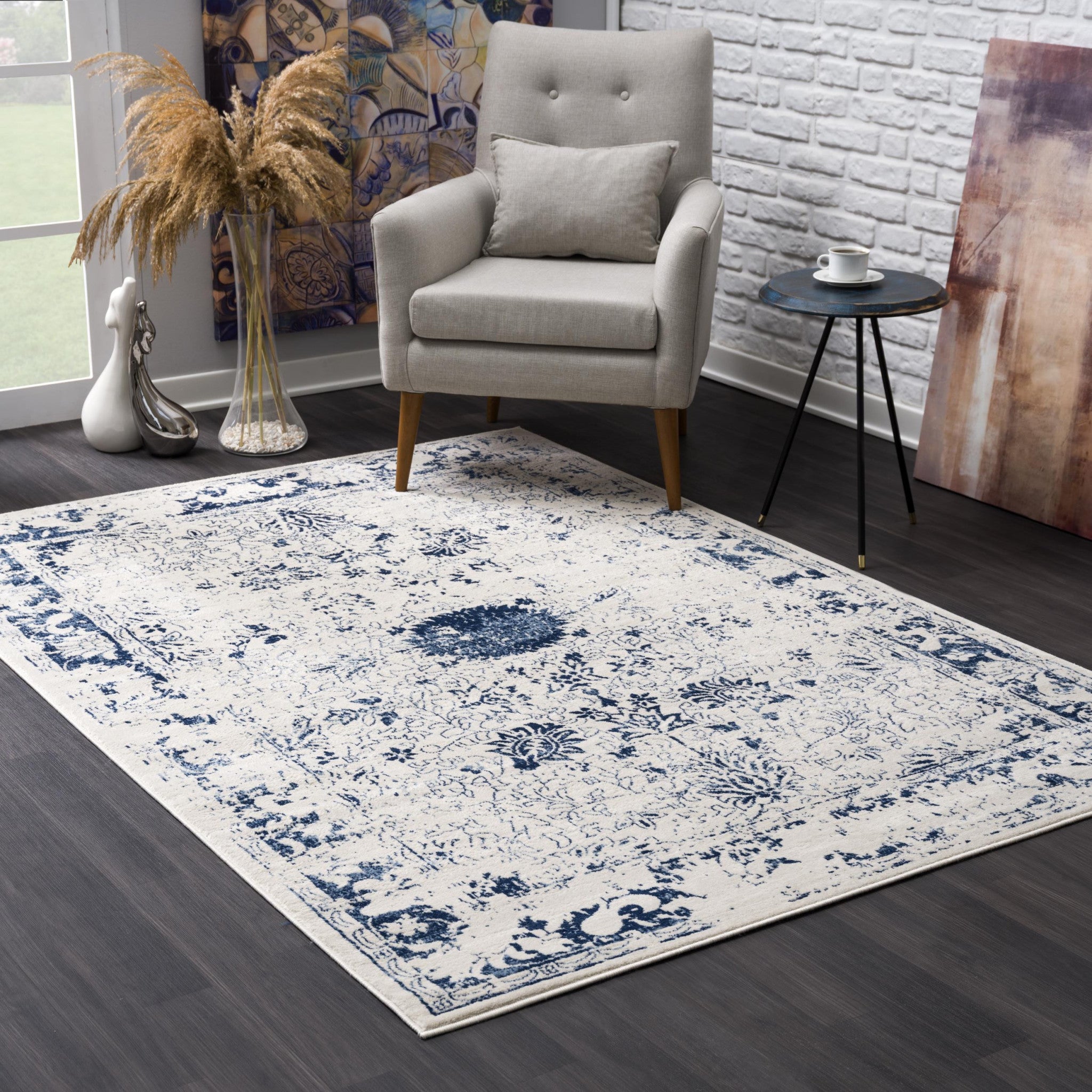 2’ X 3’ Navy Blue Distressed Floral Scatter Rug