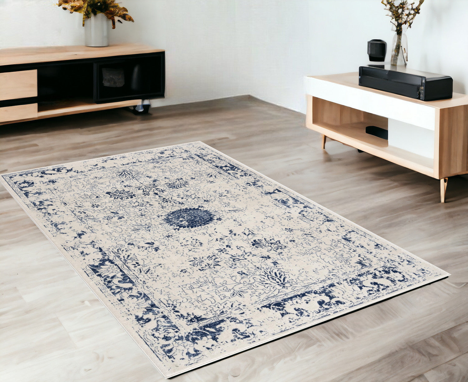 4’ X 6’ Navy Blue Distressed Floral Area Rug