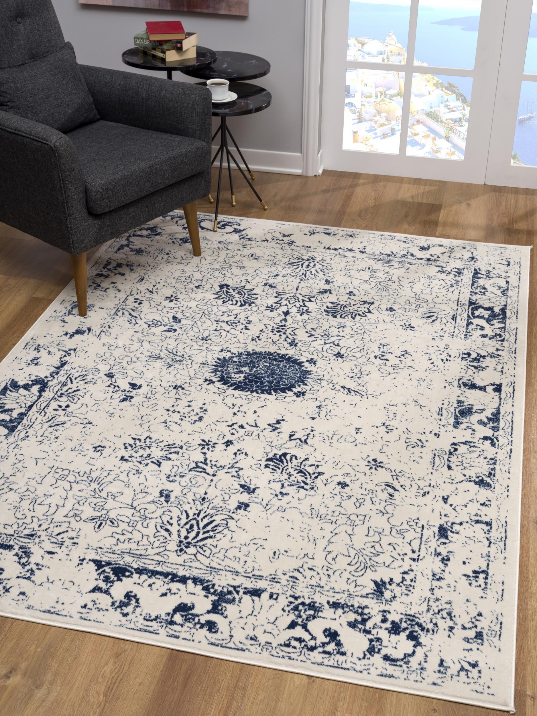 2’ X 3’ Navy Blue Distressed Floral Scatter Rug