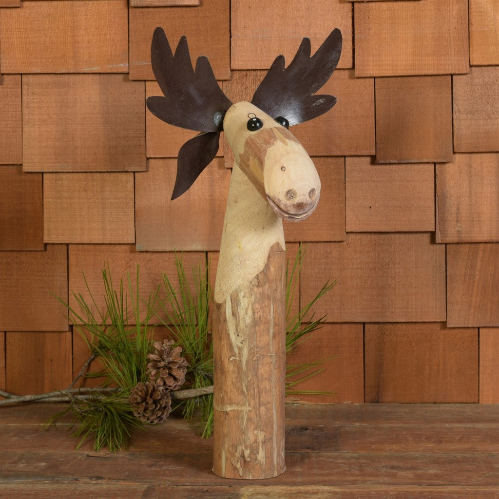 19" Brown Wood and Metal Moose Tabletop Sculpture