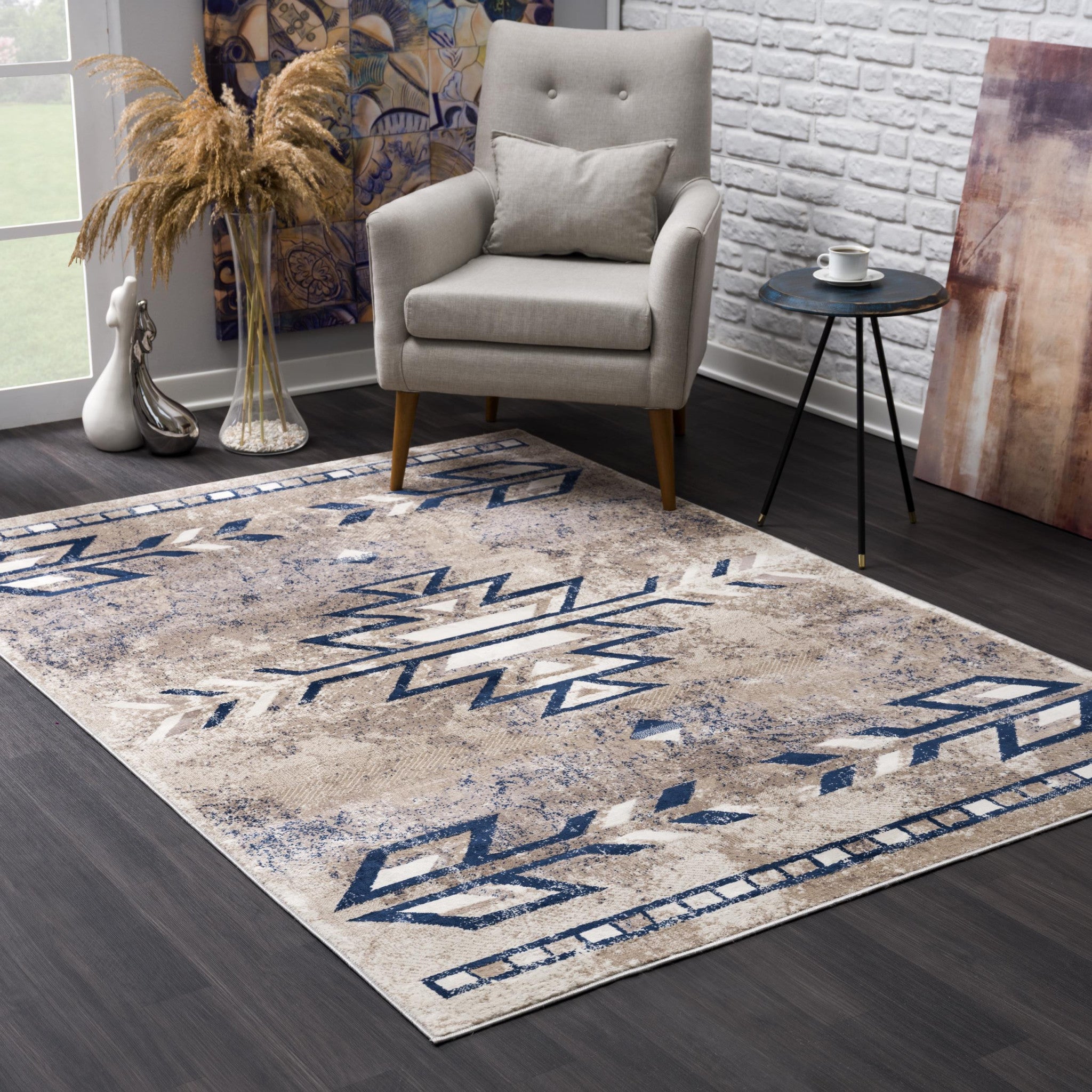 5' x 8' Gray Beige and Blue Southwestern Washable Area Rug