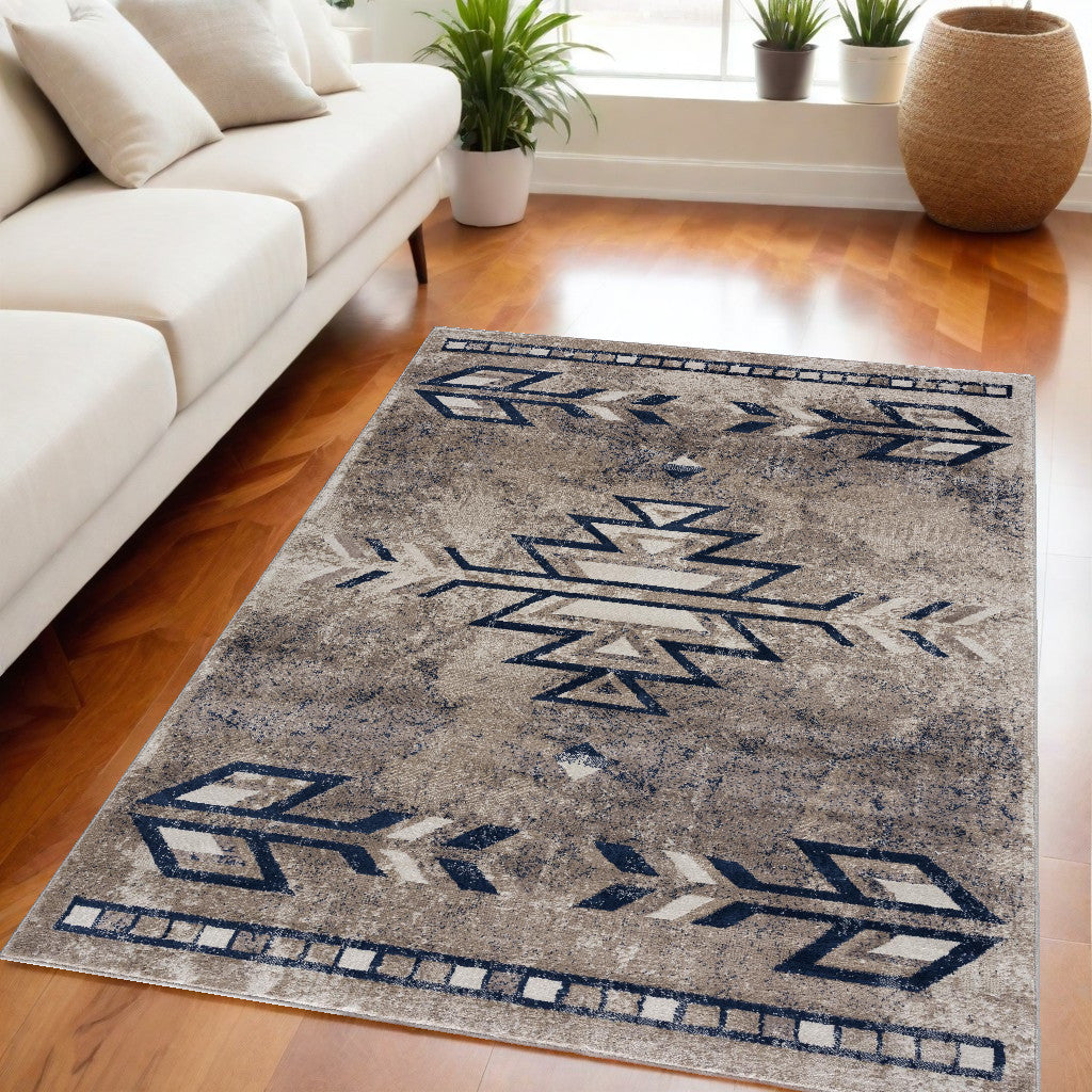 5' x 8' Gray Beige and Blue Southwestern Washable Area Rug