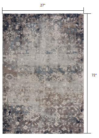 2’ X 10’ Navy And Beige Distressed Vines Runner Rug