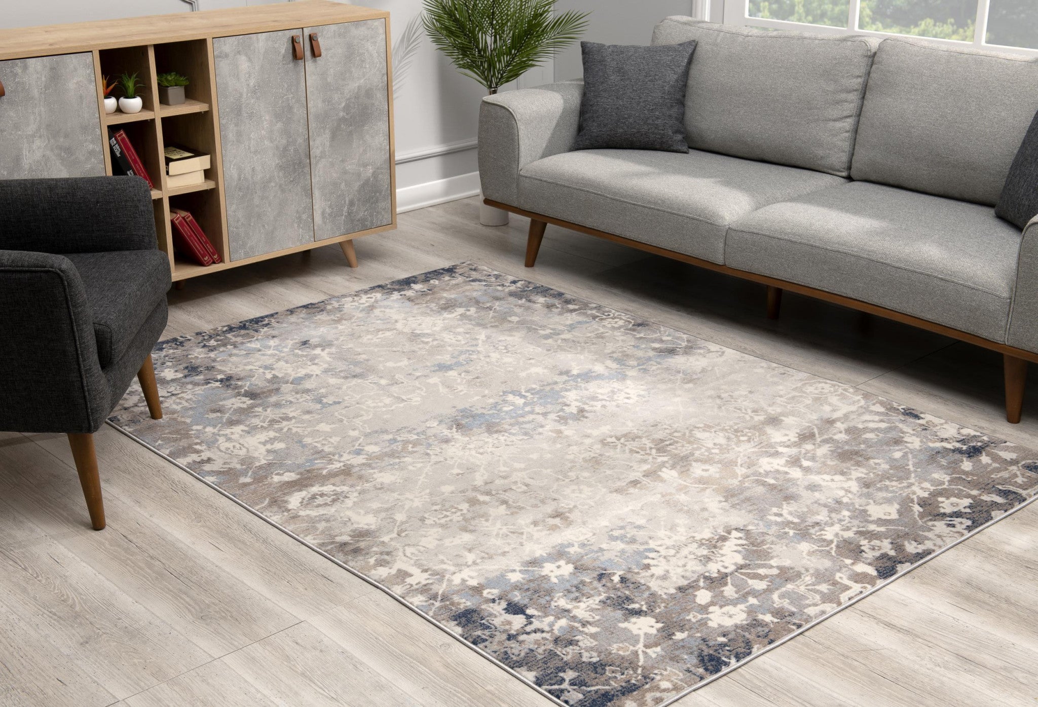 2’ X 10’ Navy And Beige Distressed Vines Runner Rug