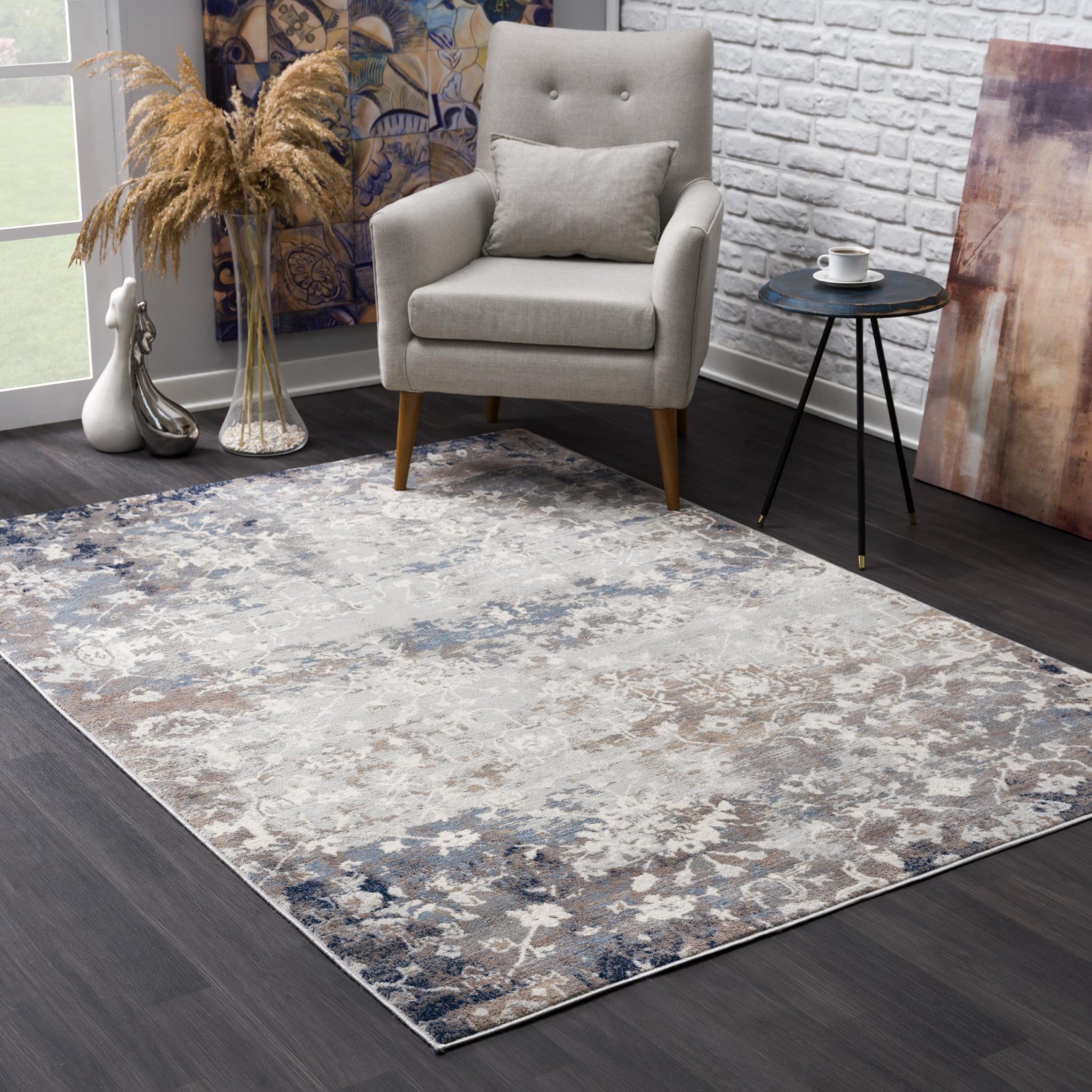 2’ X 10’ Navy And Beige Distressed Vines Runner Rug